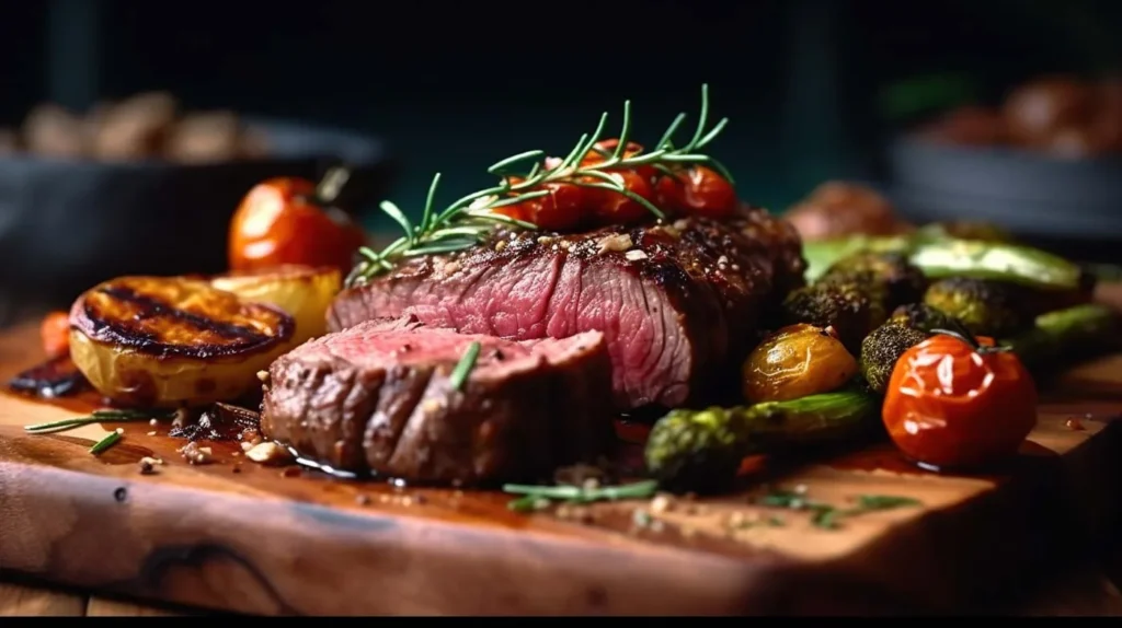 Faux-filet de boeuf cuit, sauce au poivre noir de Kampot, accompagnements de tomates cerises et asperges.