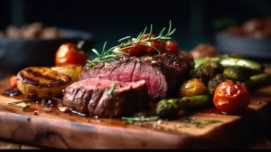 Faux-filet de boeuf cuit, sauce au poivre noir de Kampot, accompagnements de tomates cerises et asperges.
