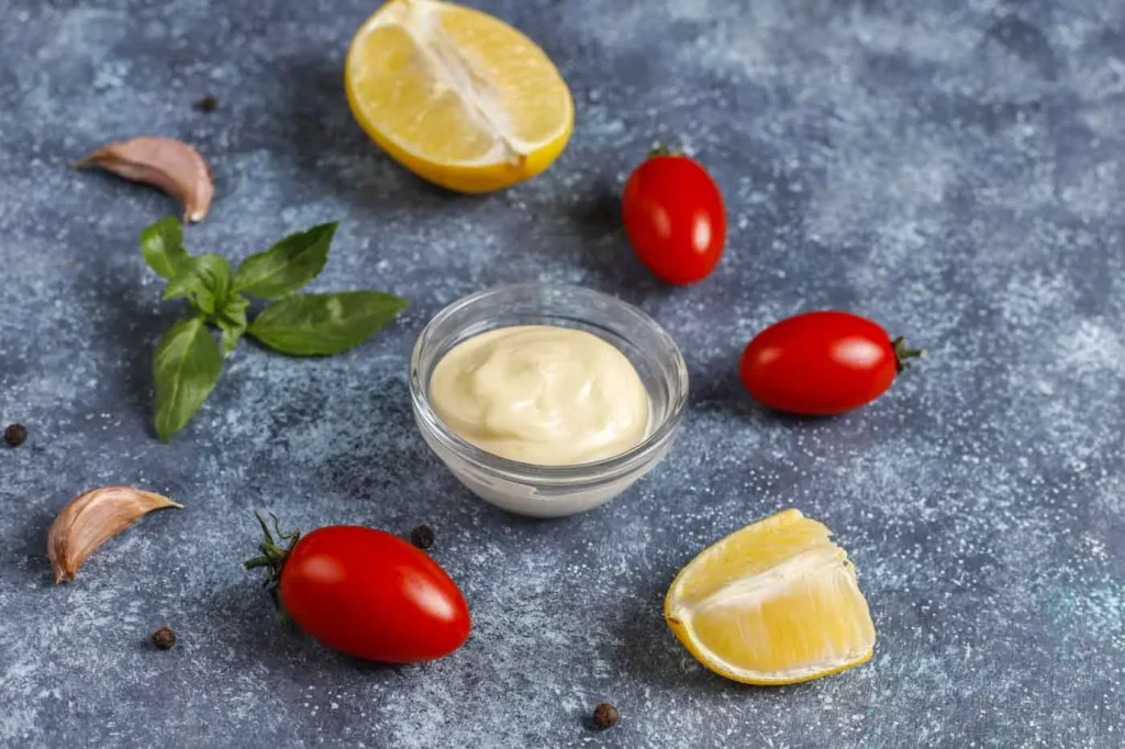 Lemon, tomates cerises, ail, basilic, poivre noir, et sauce mayonnaise dans un bol en verre sur fond gris.