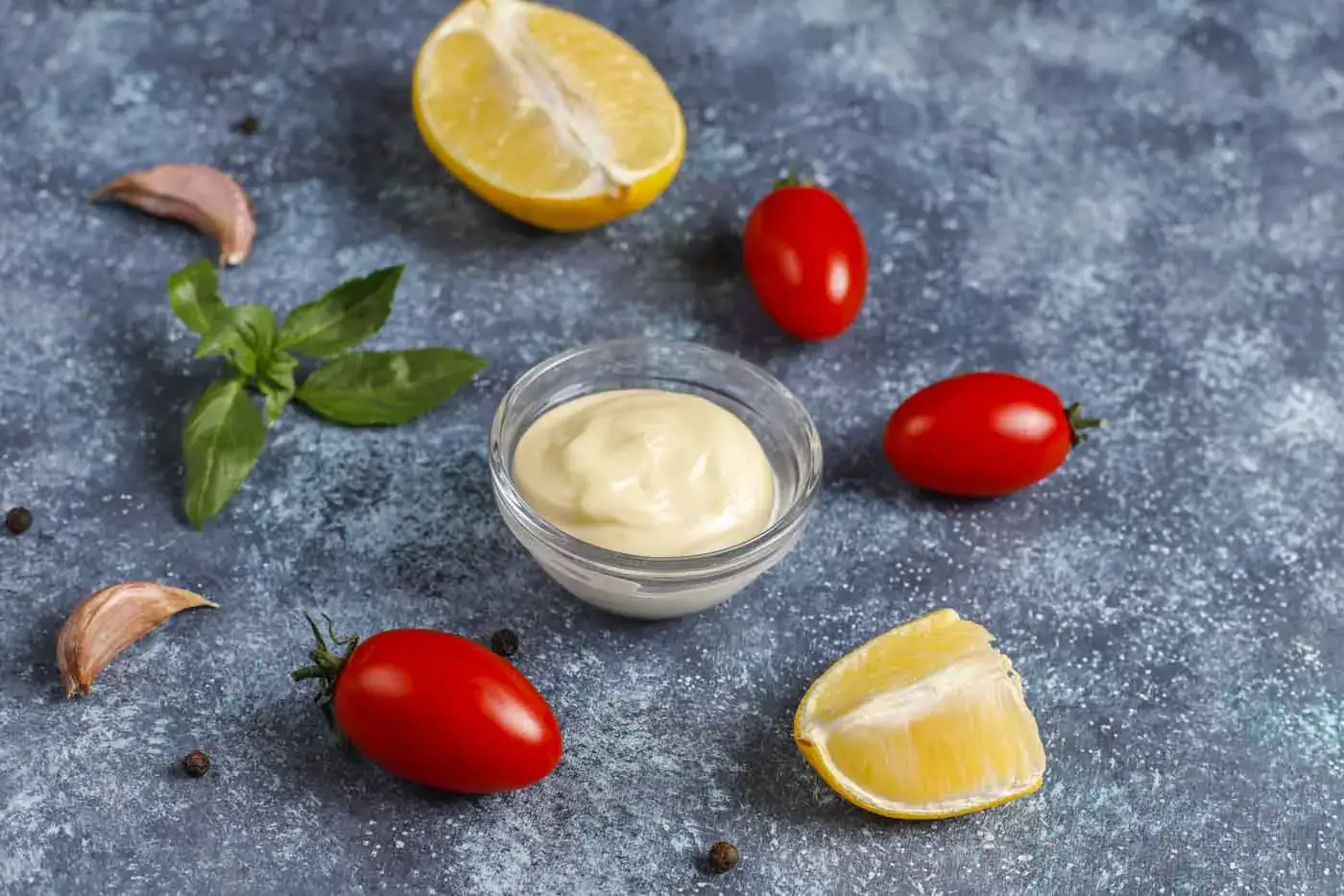 Lemon, tomates cerises, ail, basilic, poivre noir, et sauce mayonnaise dans un bol en verre sur fond gris.
