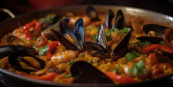 Paella aux fruits de mer avec moules, crevettes, riz jaune, poivrons et herbes fraîches dans une poêle en fonte.