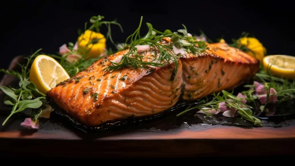 Filet de saumon grillé avec citron, herbes fraîches et fleurs comestibles sur une planche en ardoise.