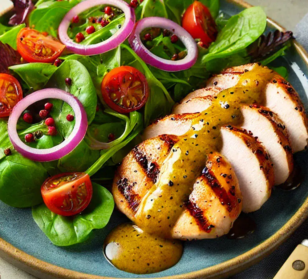 Vinaigrette à la Moutarde au Voantsy Perifery Poulet grillé tranché avec sauce moutarde, salade verte, tomates cerises et oignons rouges en rondelles.