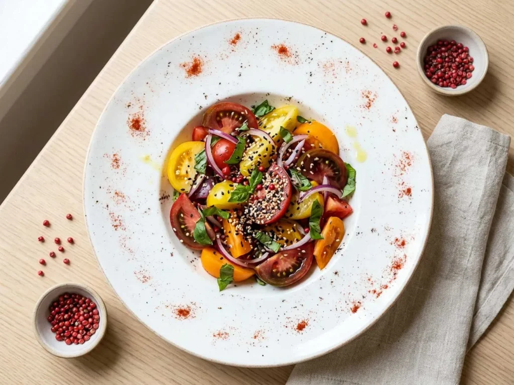 Salade de tomates cerises jaunes et rouges, basilic frais, vinaigre balsamique, sur assiette blanche avec épices rouges.