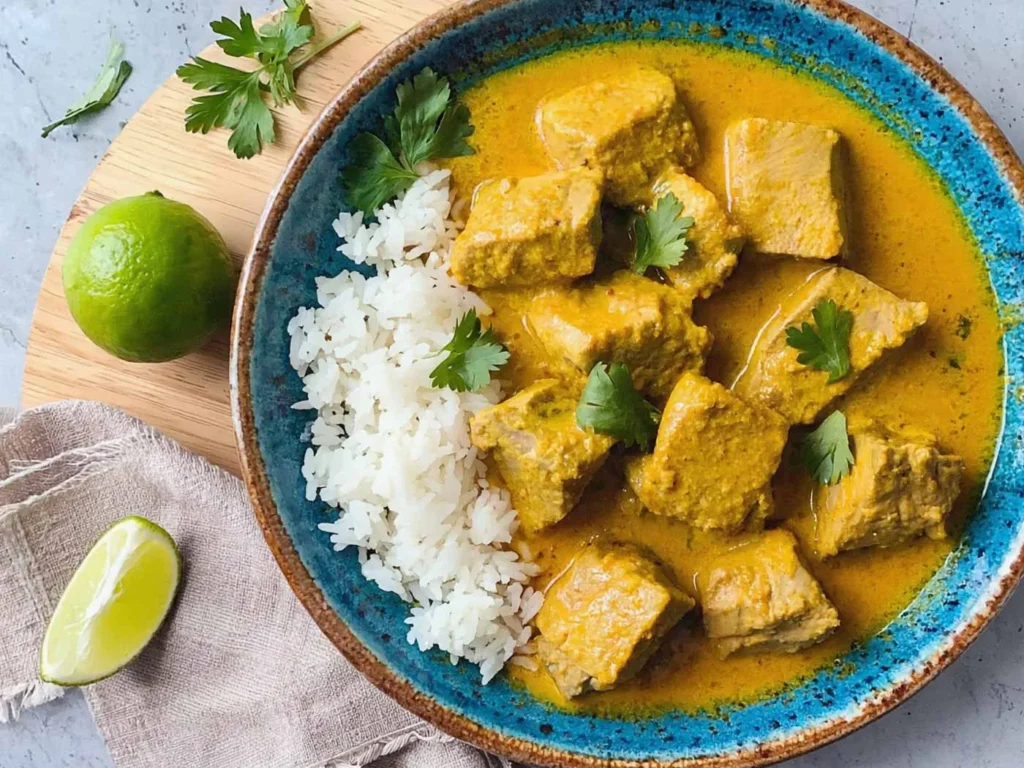 Curry de poisson avec riz blanc, sauce jaune, morceaux de poisson, coriandre, citron vert, sur assiette en céramique.
