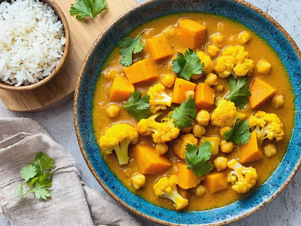 Ragoût de légumes avec courge, pois chiches, cauliflower, coriandre, dans un bol bleu, avec riz blanc à côté.