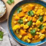 Ragoût de légumes avec courge, pois chiches, cauliflower, coriandre, dans un bol bleu, avec riz blanc à côté.