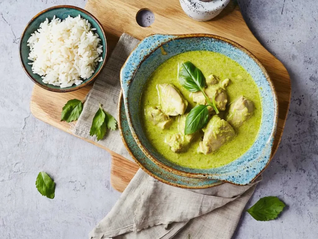 Poulet en sauce verte avec basilic, servi avec riz blanc, dans un bol en céramique sur une nappe en lin beige.