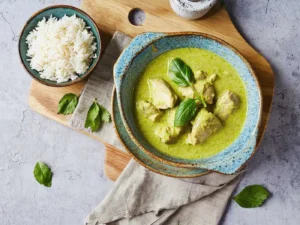 Poulet en sauce verte avec basilic, servi avec riz blanc, dans un bol en céramique sur une nappe en lin beige.