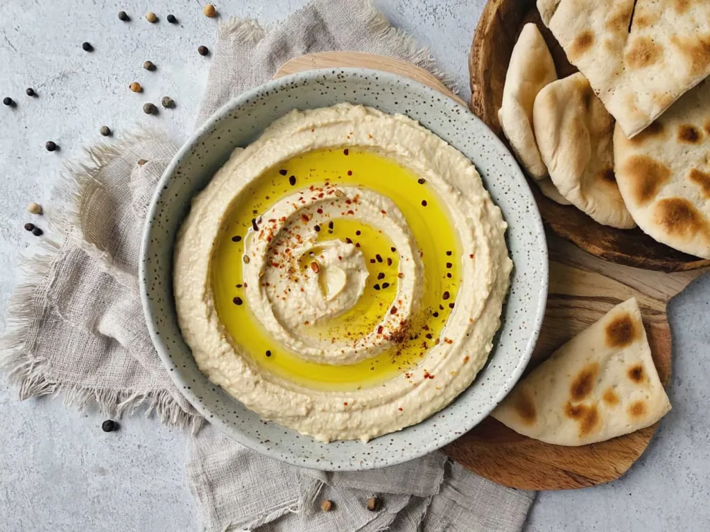 Houmous dans un bol avec huile d'olive, paprika, et pita en accompagnement, sur fond lin crème.