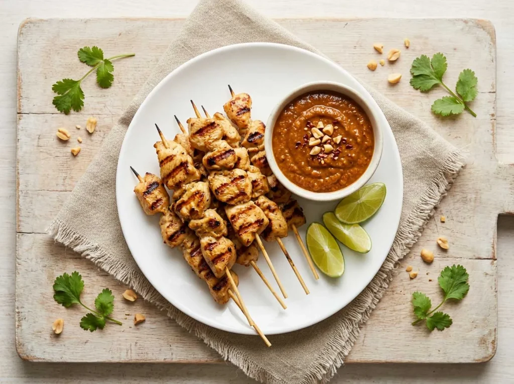 Brochettes de poulet grillé avec sauce aux cacahuètes, quartiers de citron vert et coriandre, sur assiette blanche.