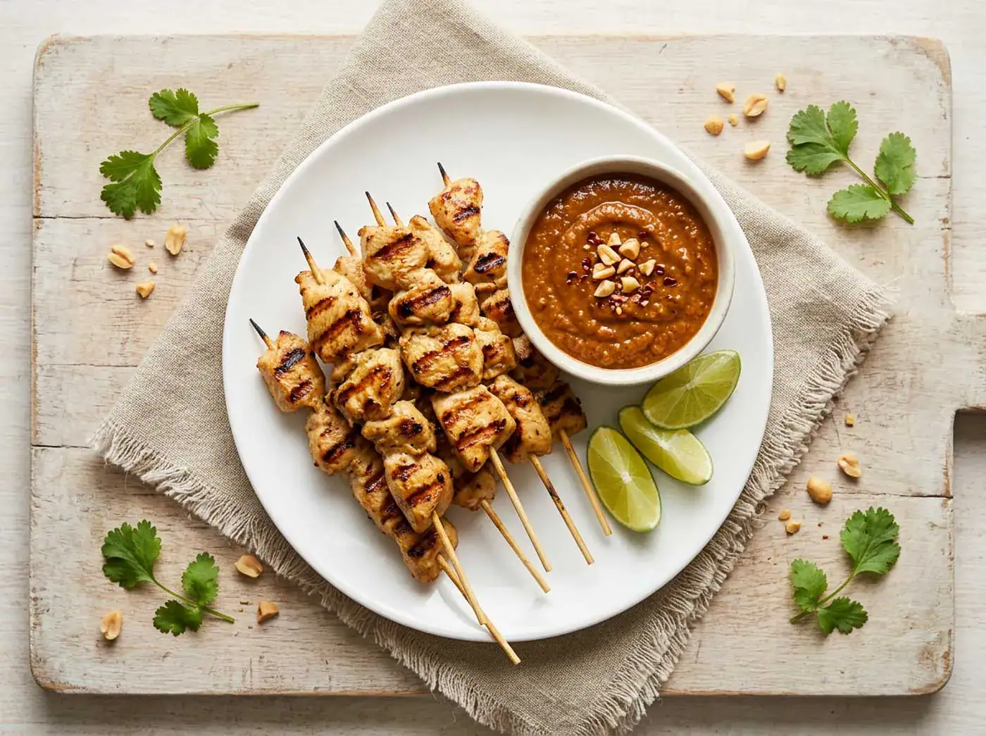 Brochettes de poulet grillé avec sauce aux cacahuètes, quartiers de citron vert et coriandre, sur assiette blanche.