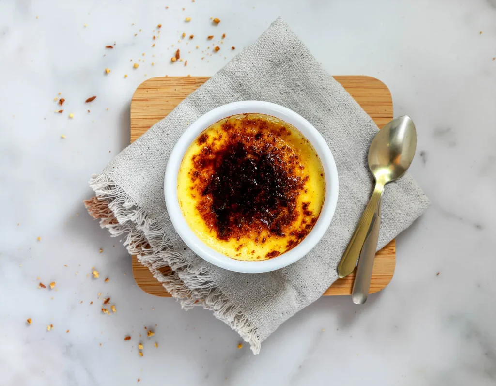 Crème brûlée dans un ramequin blanc, caramelisé en surface, sur un linge en lin gris clair, avec cuillère en métal à côté.