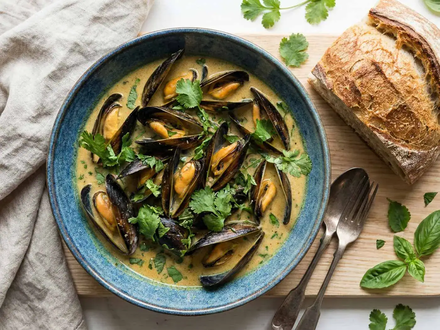 Moules dans un bol avec sauce au curry, lait de coco, coriandre et basilic, accompagnées d'un pain rustique.