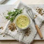Sauce verte dans un bol en verre, herbes fraîches, graines de tournesol, fouet en bois, sur toile de lin beige.