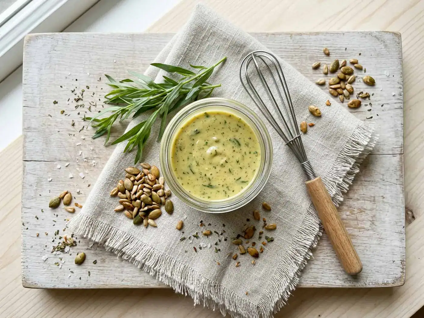 Sauce verte dans un bol en verre, herbes fraîches, graines de tournesol, fouet en bois, sur toile de lin beige.